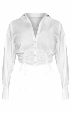 Plus White Gathered Tie Detail Long Sleeve Cropped Shirt