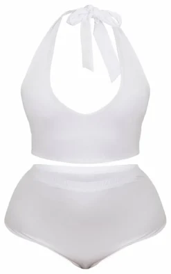 Plus White High Waist Halterneck Bikini Set