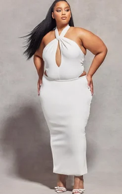 Plus White Knot Detail Halterneck Bodysuit