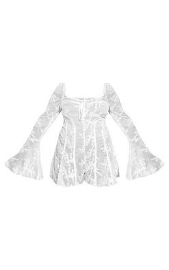 Plus White Lace Binding Detail Flare Sleeve Romper