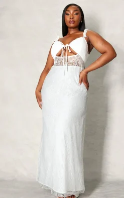 Plus White Lace Tie Front Bust Detail Maxi Dress