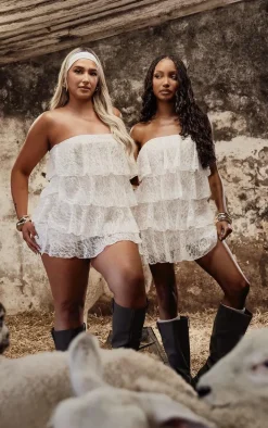 Plus White Lace Tiered Ruffle Micro Mini Dress