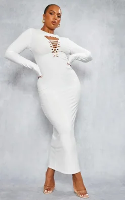 Plus White Laser Cut Long Sleeve Maxi Dress