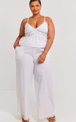 Plus White Linen Look Frayed Hem Wide Leg Pants