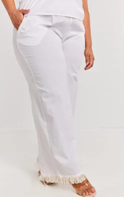 Plus White Linen Look Frayed Hem Wide Leg Pants
