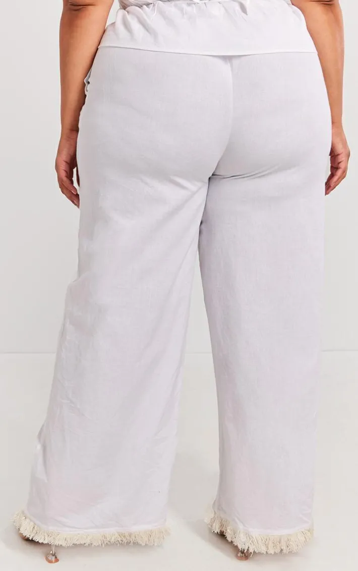 Plus White Linen Look Frayed Hem Wide Leg Pants
