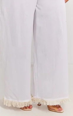 Plus White Linen Look Frayed Hem Wide Leg Pants