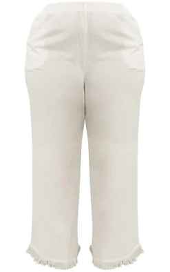 Plus White Linen Look Frayed Hem Wide Leg Pants