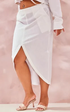 Plus White Linen Look Split Front Midi Skirt