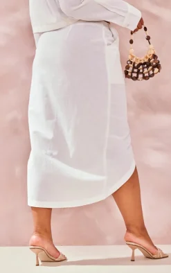Plus White Linen Look Split Front Midi Skirt