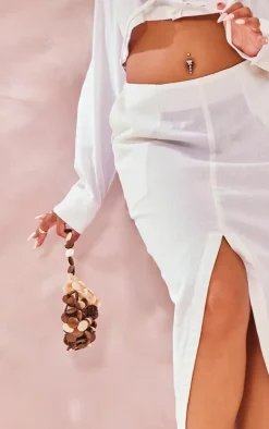 Plus White Linen Look Split Front Midi Skirt