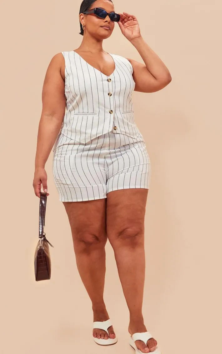 Plus White Linen Look Striped Tailored Floaty Shorts