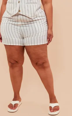 Plus White Linen Look Striped Tailored Floaty Shorts