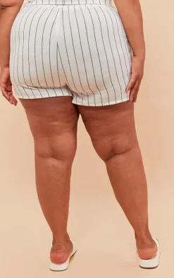 Plus White Linen Look Striped Tailored Floaty Shorts