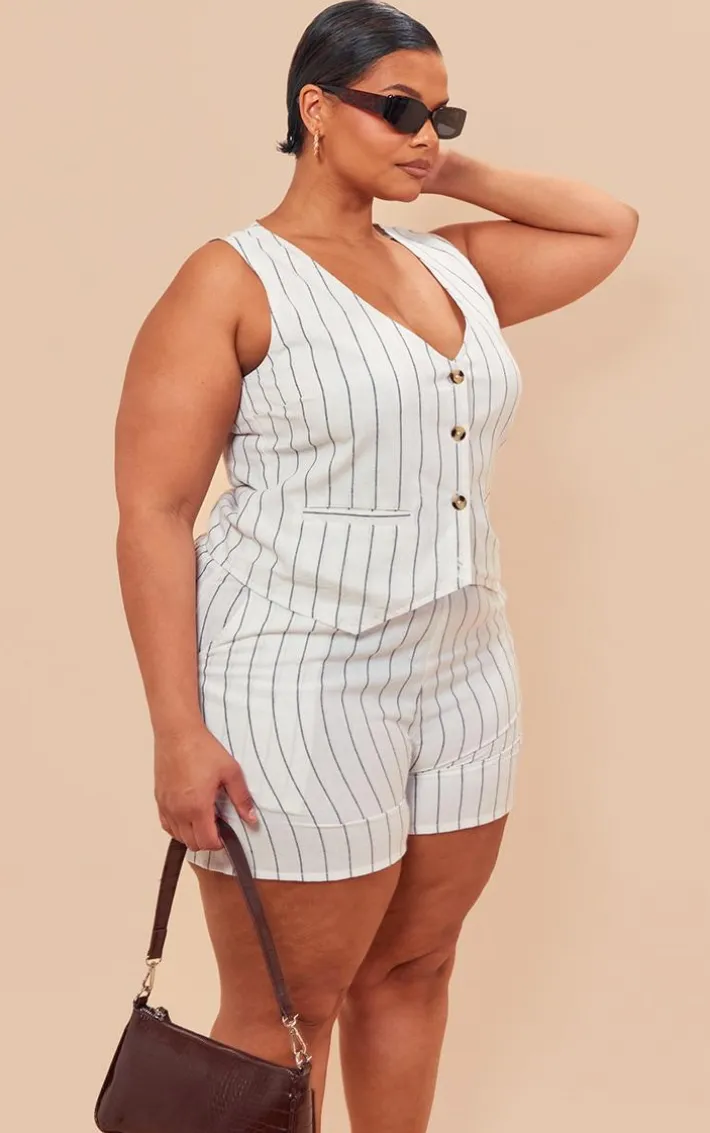 Plus White Linen Look Striped Tailored Floaty Shorts