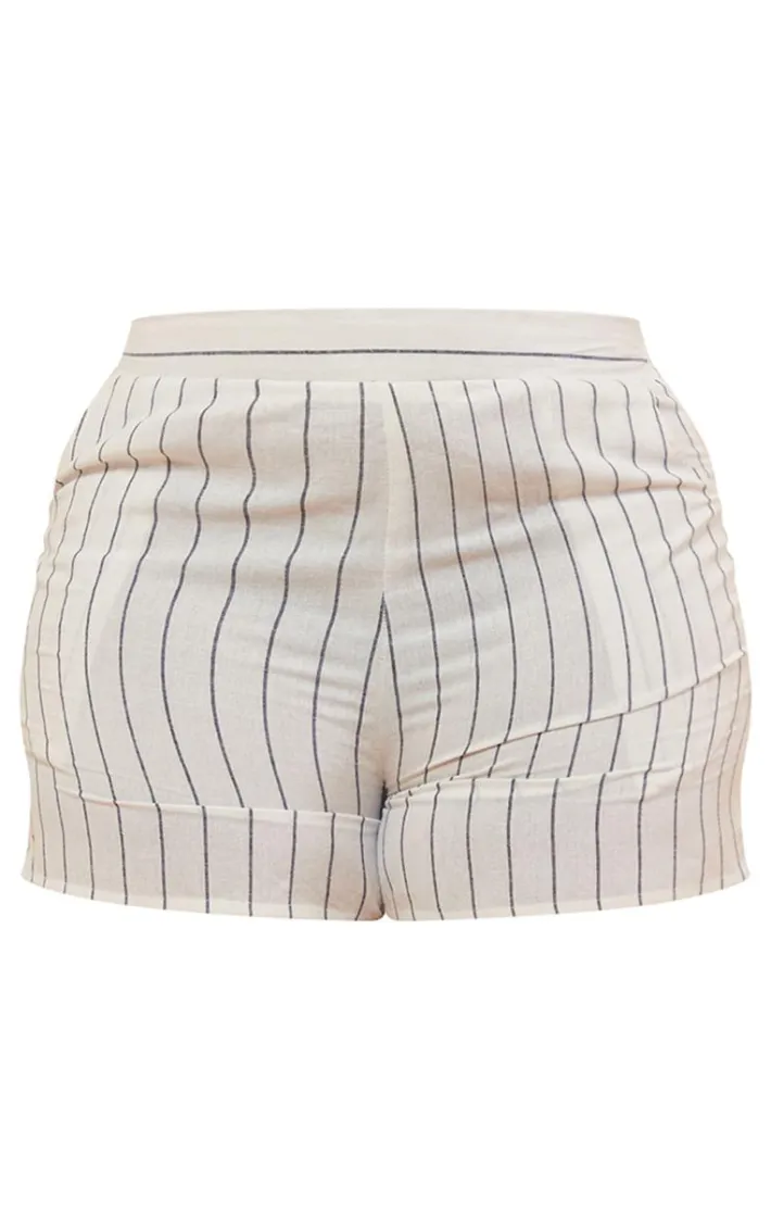 Plus White Linen Look Striped Tailored Floaty Shorts