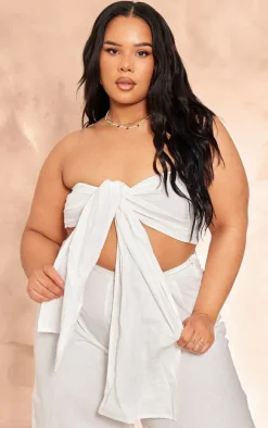 Plus White Linen Look Tie Front Crop Top