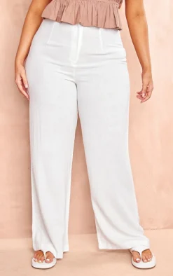 Plus White Linen Look Wide Leg Pants