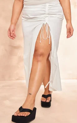 Plus White Linen Ruched Maxi Skirt