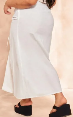 Plus White Linen Ruched Maxi Skirt