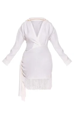 Plus White Long Sleeve Tassel Hem Drape Detail Bodycon Dress