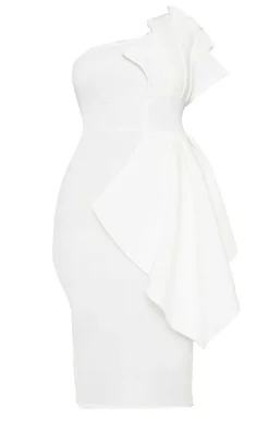 Plus White One Shoulder Pleated Detail Midi Dress
