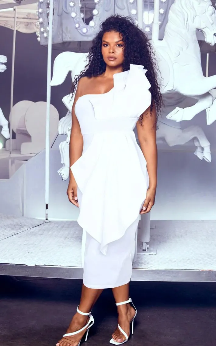 Plus White One Shoulder Pleated Detail Midi Dress