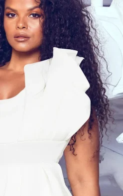 Plus White One Shoulder Pleated Detail Midi Dress