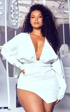 Plus White Pleated Balloon Sleeve Bodycon Dress