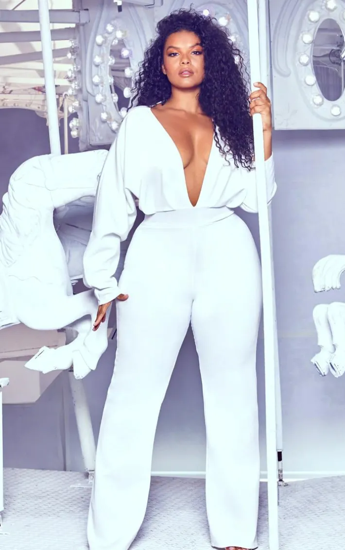 Plus White Pleated Balloon Sleeve Jumpsuit