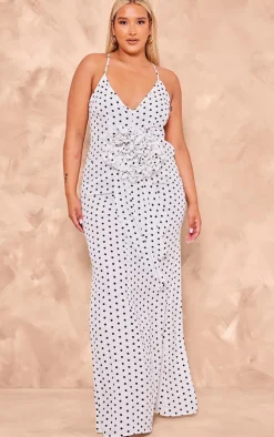 Plus White Polka Dot Satin Rose Detail Maxi Dress