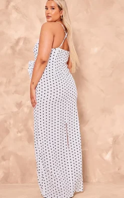 Plus White Polka Dot Satin Rose Detail Maxi Dress