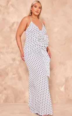 Plus White Polka Dot Satin Rose Detail Maxi Dress