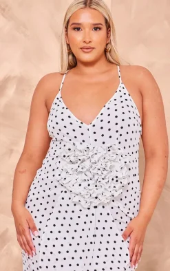 Plus White Polka Dot Satin Rose Detail Maxi Dress