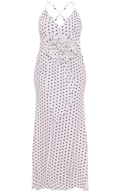 Plus White Polka Dot Satin Rose Detail Maxi Dress