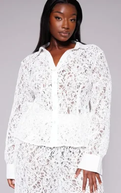 Plus White Premium Woven Jacquard Lace Fitted Shirt