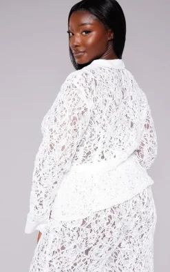 Plus White Premium Woven Jacquard Lace Fitted Shirt
