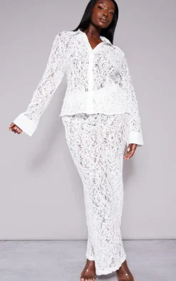 Plus White Premium Woven Jacquard Lace Fitted Shirt