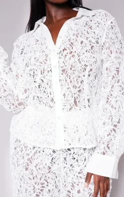 Plus White Premium Woven Jacquard Lace Fitted Shirt