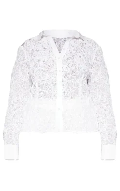 Plus White Premium Woven Jacquard Lace Fitted Shirt