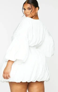 Plus White Puff Sleeve Puffball Hem Dress