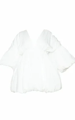 Plus White Puff Sleeve Puffball Hem Dress
