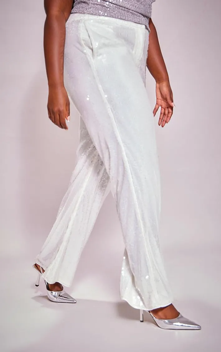 Plus White Resin Sequin Wide Leg Pants