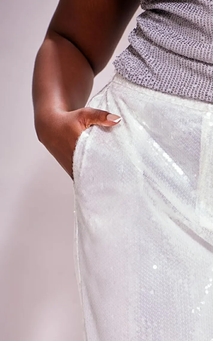 Plus White Resin Sequin Wide Leg Pants