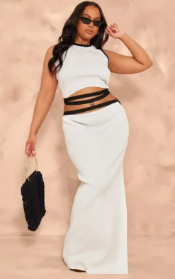 Plus White Rib Knit Contrast Detailing Maxi Skirt