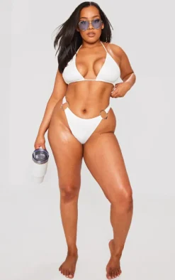 Plus White Ring Detail Thong Bikini Bottoms