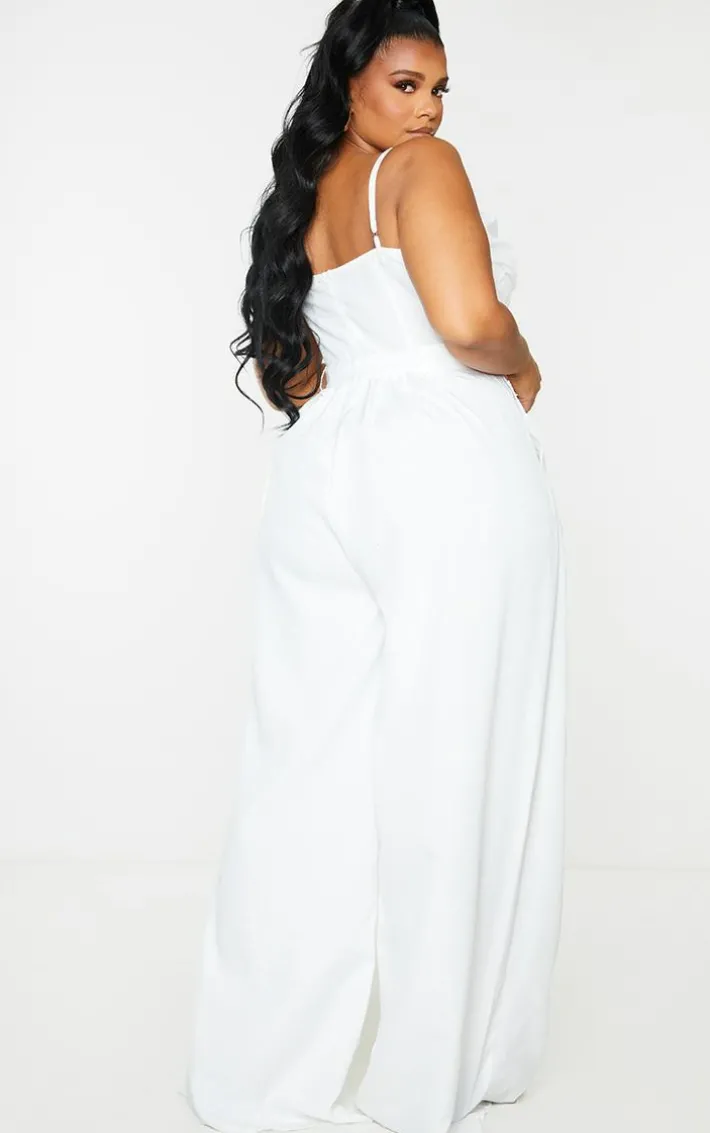 Plus White Ruched Cup Strappy Wide Leg Jumpsuit
