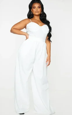Plus White Ruched Cup Strappy Wide Leg Jumpsuit