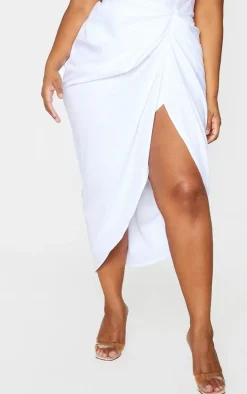 Plus White Ruched Side Midi Skirt