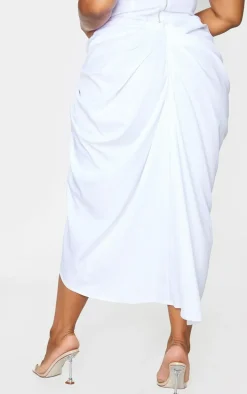 Plus White Ruched Side Midi Skirt